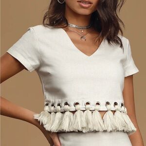 Lulus Belinda Beige Tassel Crop Top